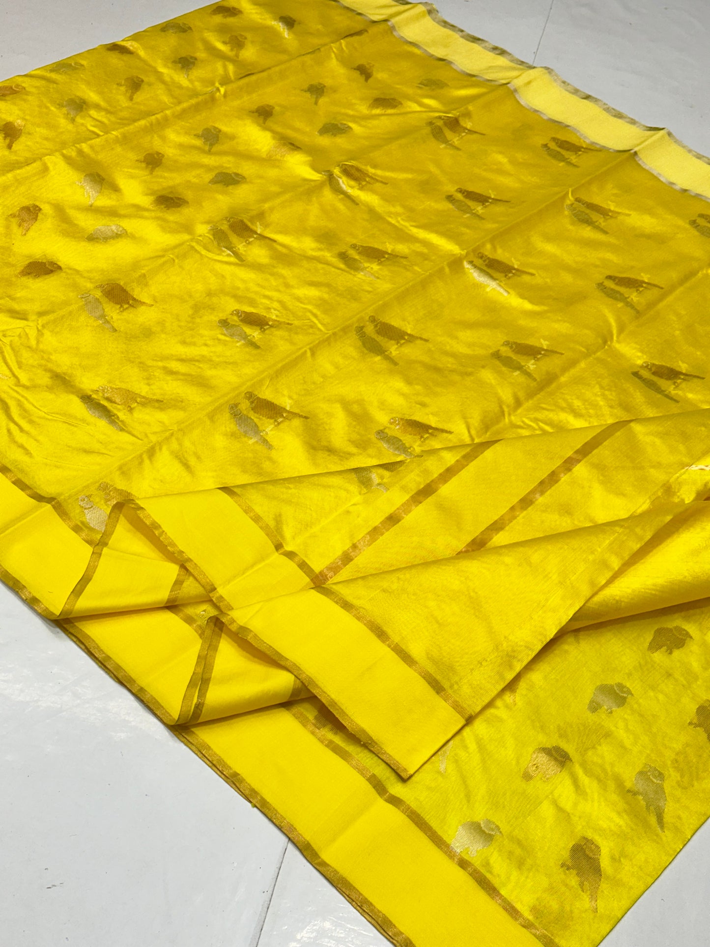 Chanderi handwoven yellow silk saree birds motif