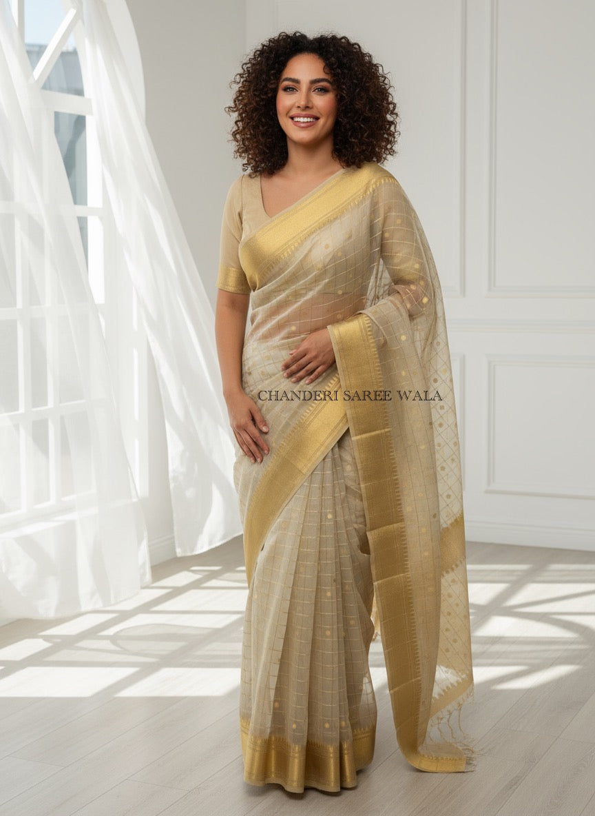 Beige Chanderi pure katan silk sarees