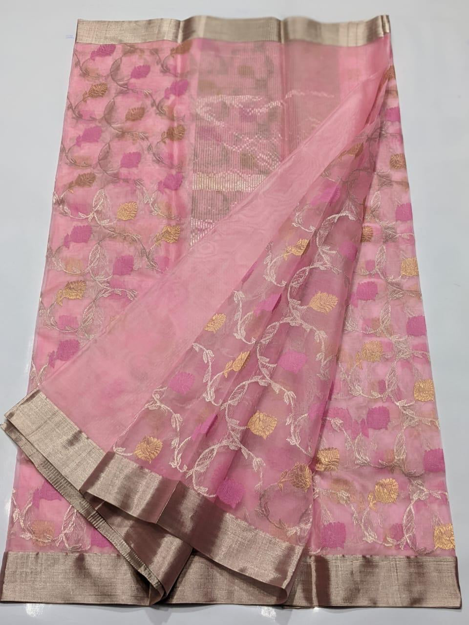 Pink all over jaal chanderi silk saree