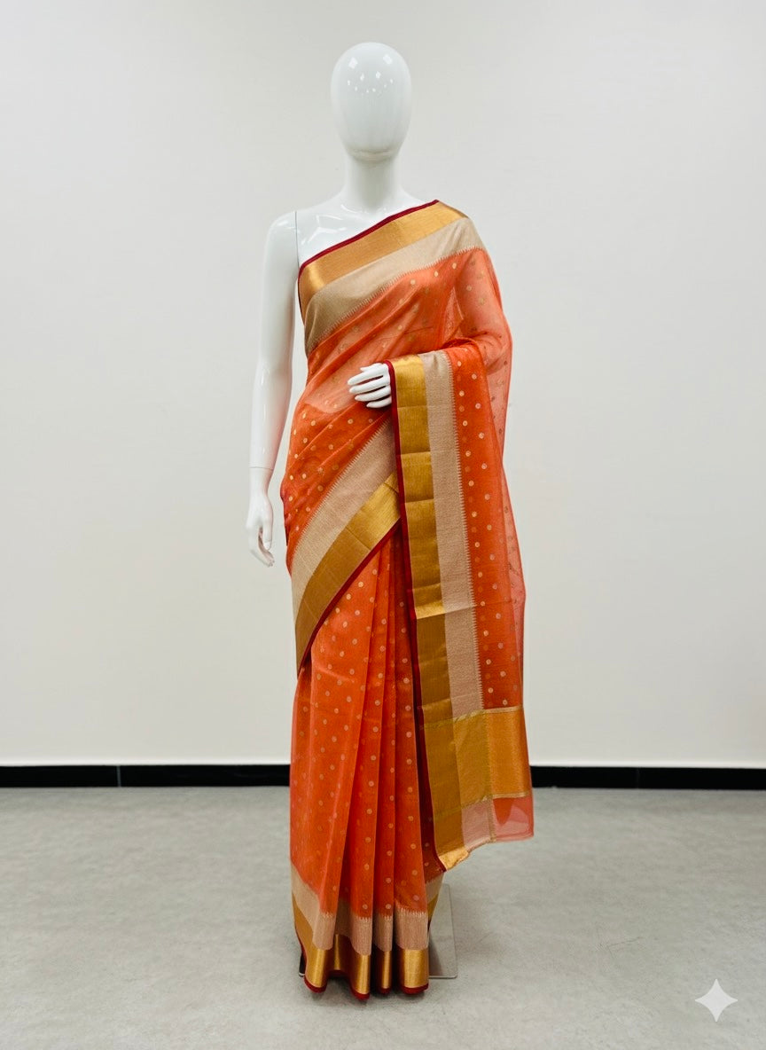 Handwoven Orange Chanderi Saree with Polka Butti