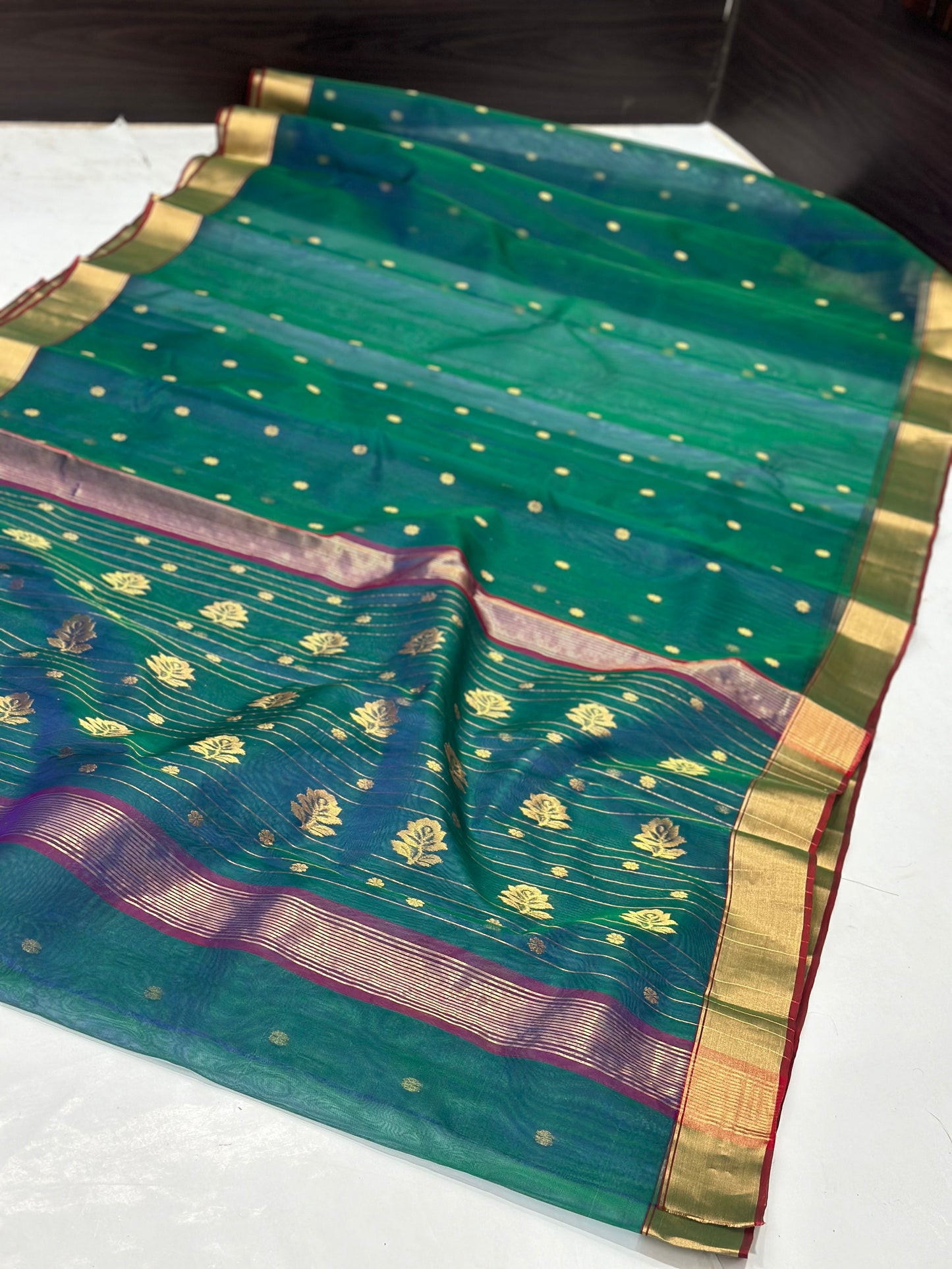 Chanderi peacock colour silk saree