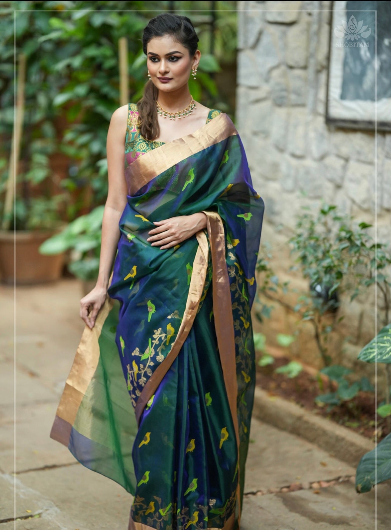 Meenakare birds chanderi silk saree in blue green daule tone