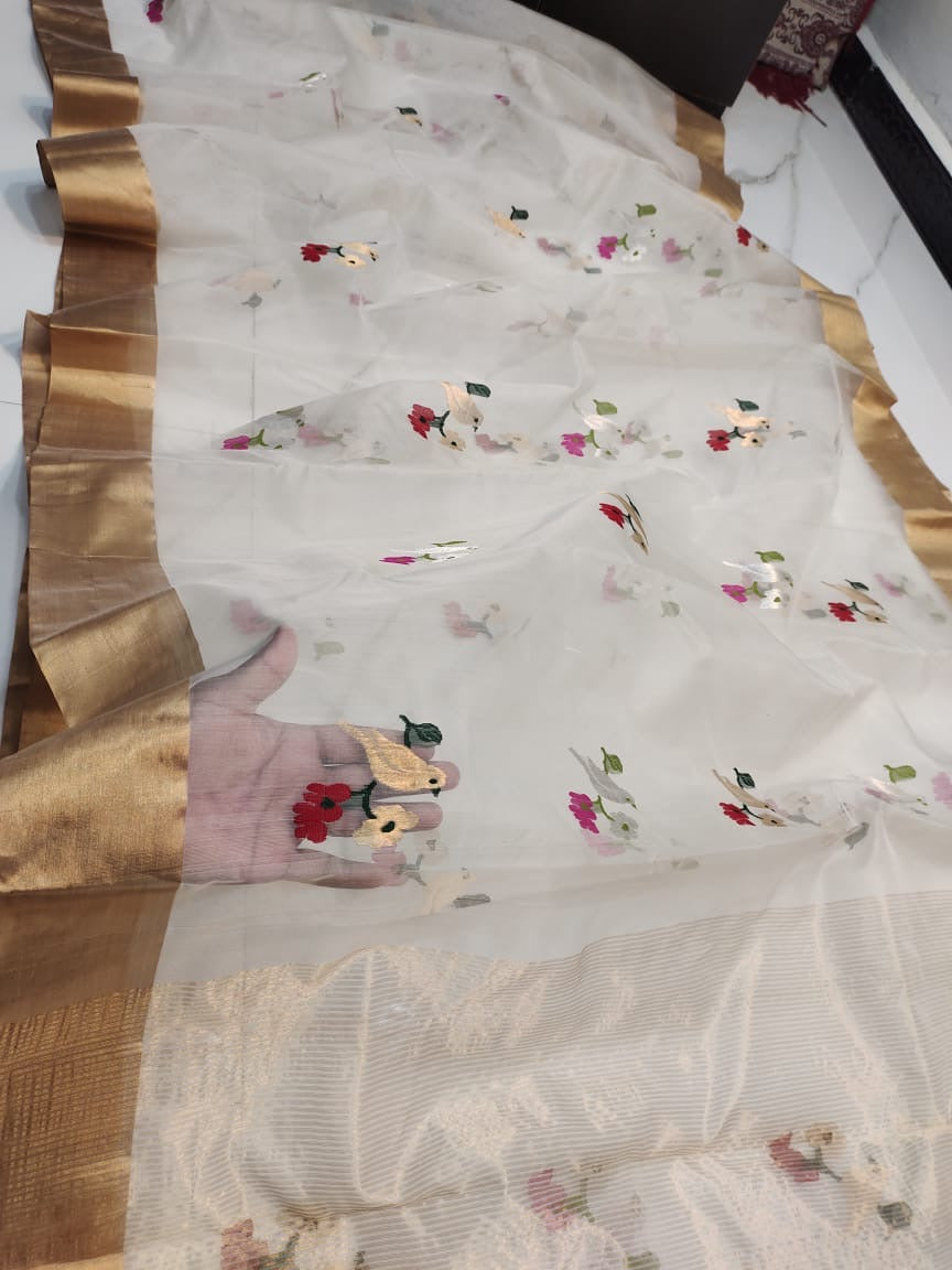 Off white birds motif chanderi saree