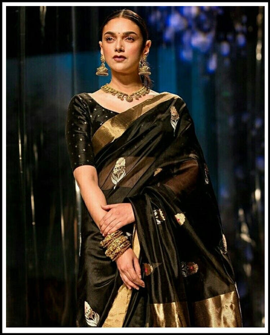 Black colour chanderi golden zare sarees