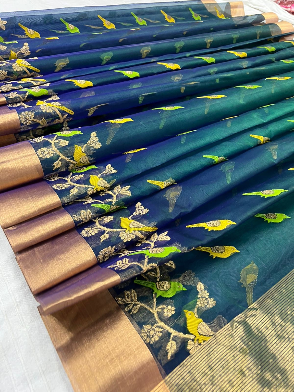 Meenakare birds chanderi silk saree in blue green daule tone