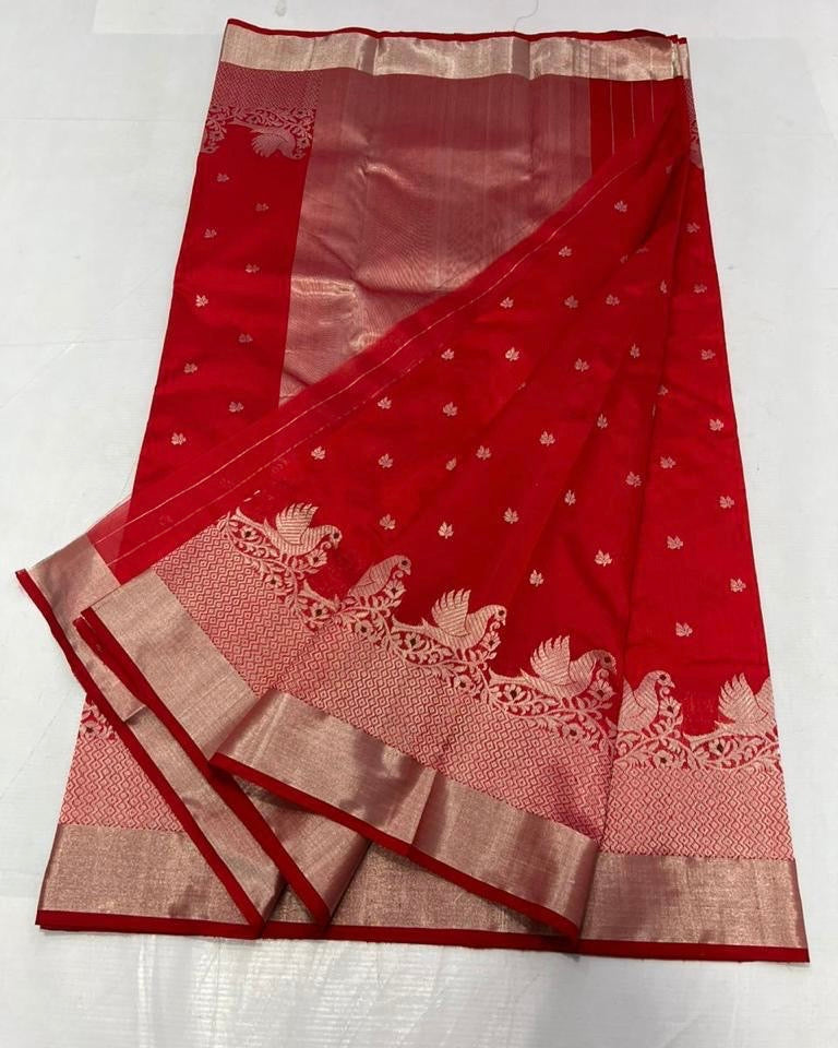 Red colour silver zare border chanderi saree