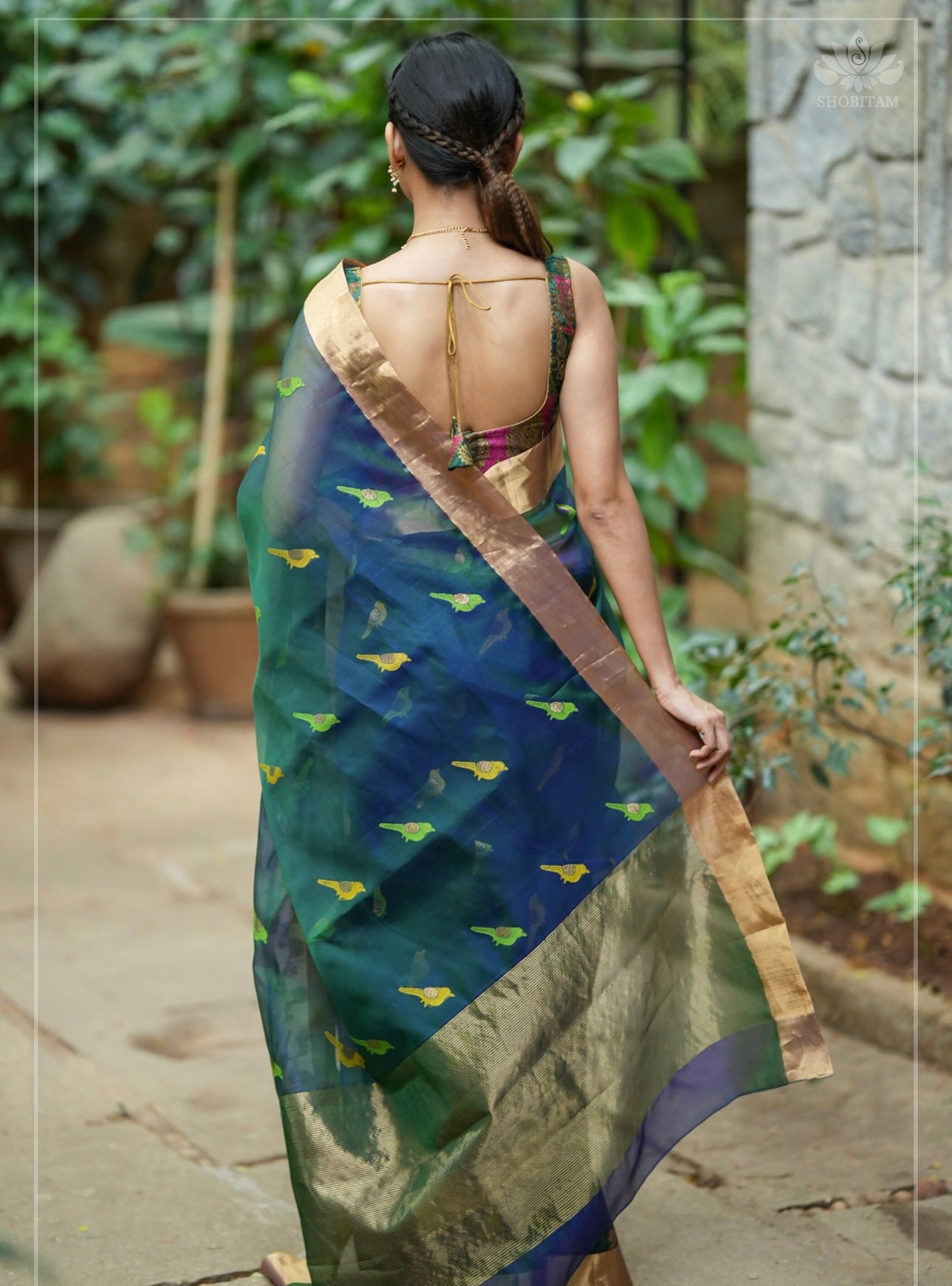 Meenakare birds chanderi silk saree in blue green daule tone