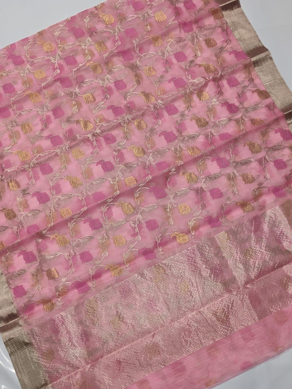 Pink all over jaal chanderi silk saree