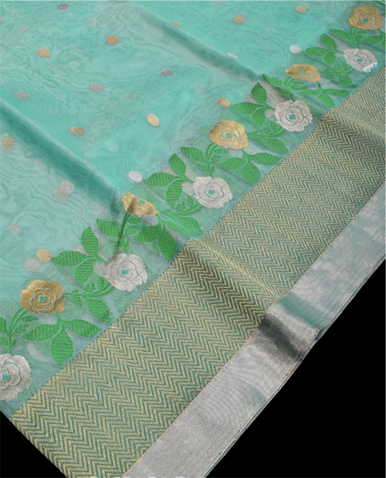 Aqua Blue Chanderi Saree With Floral Border|Gold Zare Weaving Border Chanderi saree wala