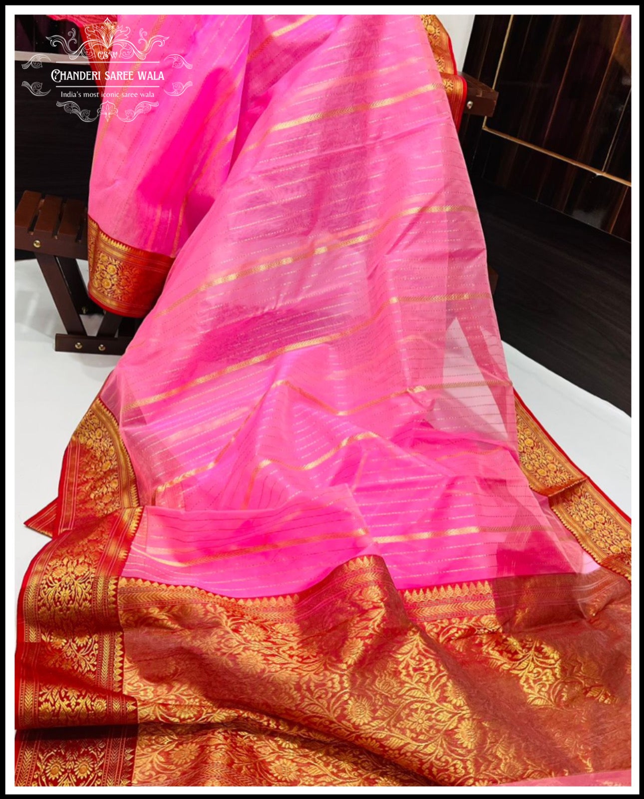 Chanderi nakshi red cantrast border saree