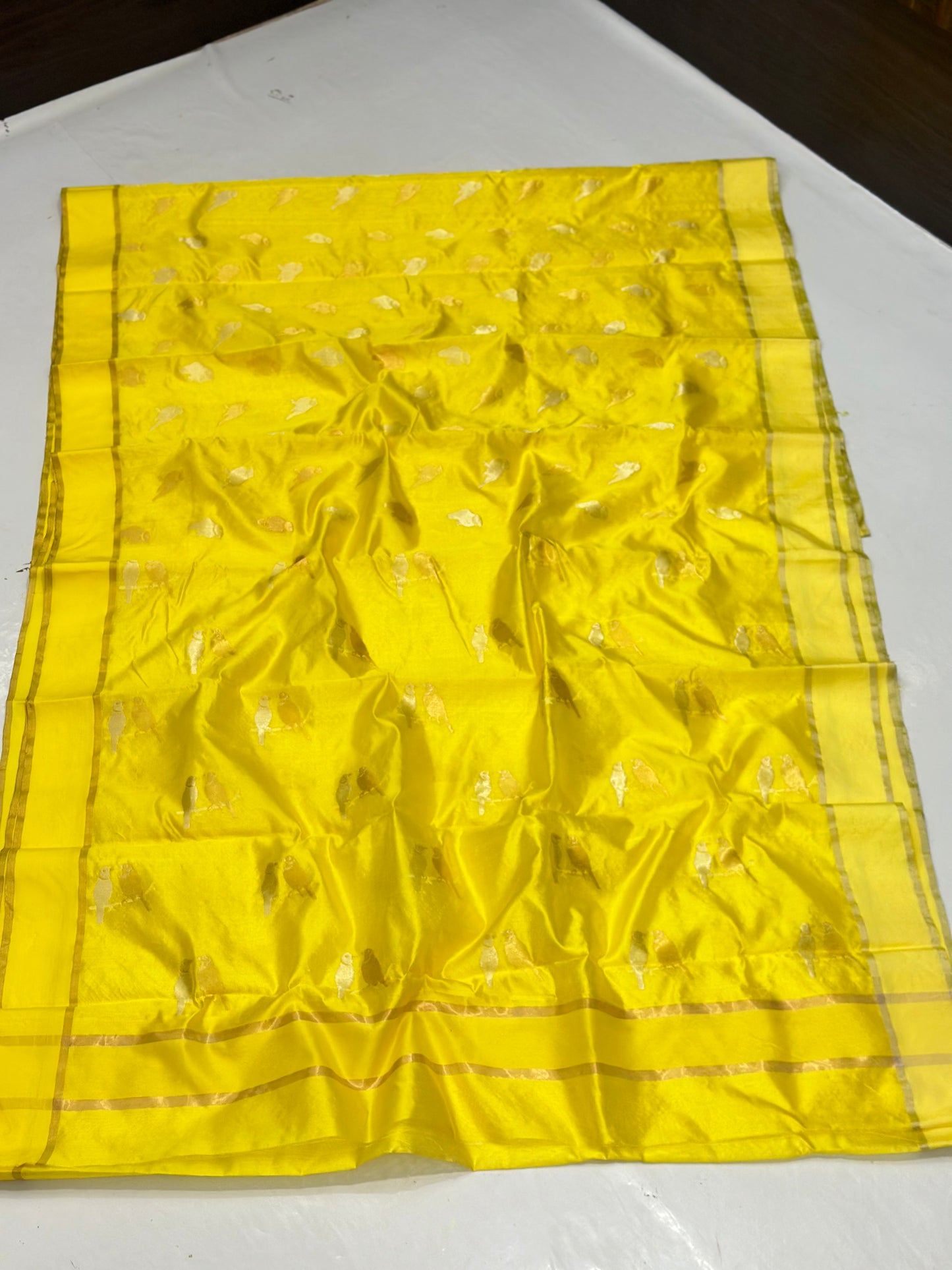 Chanderi handwoven yellow silk saree birds motif