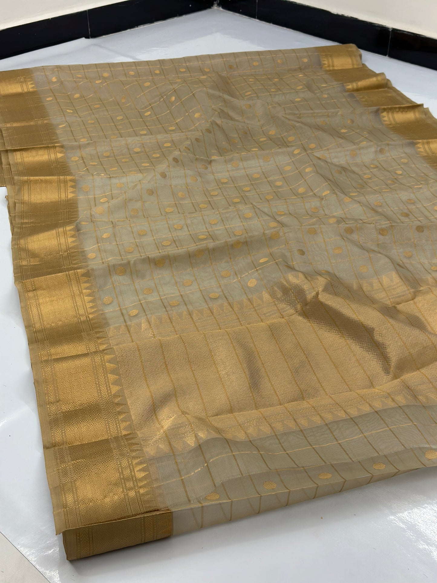 Beige Chanderi pure katan silk sarees