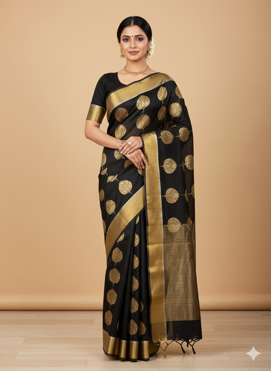 Black chanderi silk saree|Pure silk saree