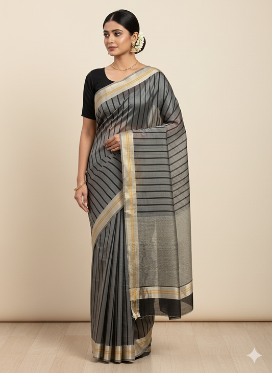 Gray colour stripe chanderi saree
