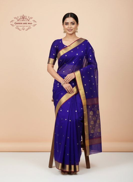 Traditional Blue Chanderi Silk Saree with Gold Motifs