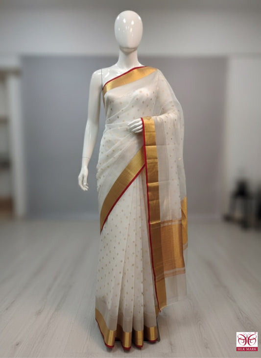 Classic White Chanderi Saree with Golden Zari Border