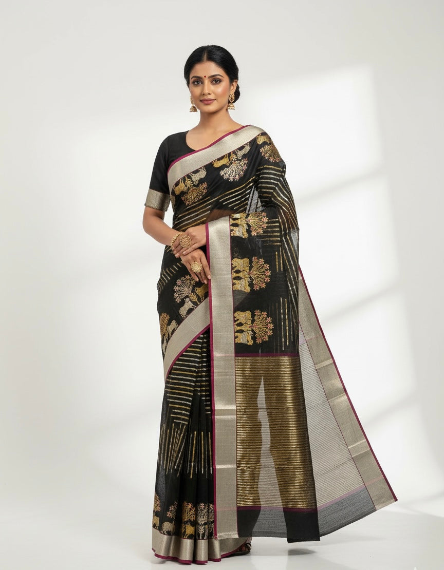 Black chanderi pure silk saree