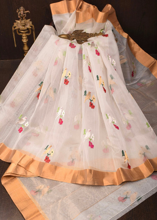 Off white birds motif chanderi saree