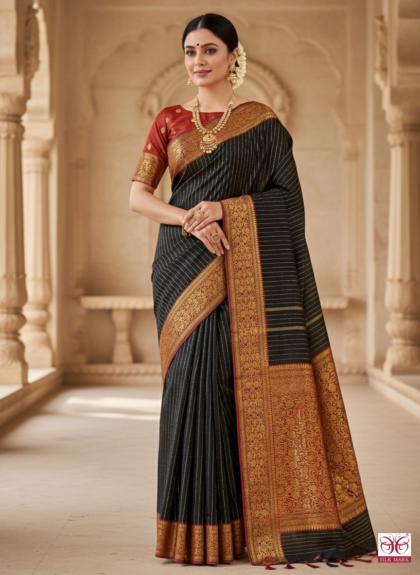 Black colour red cantrast border saree