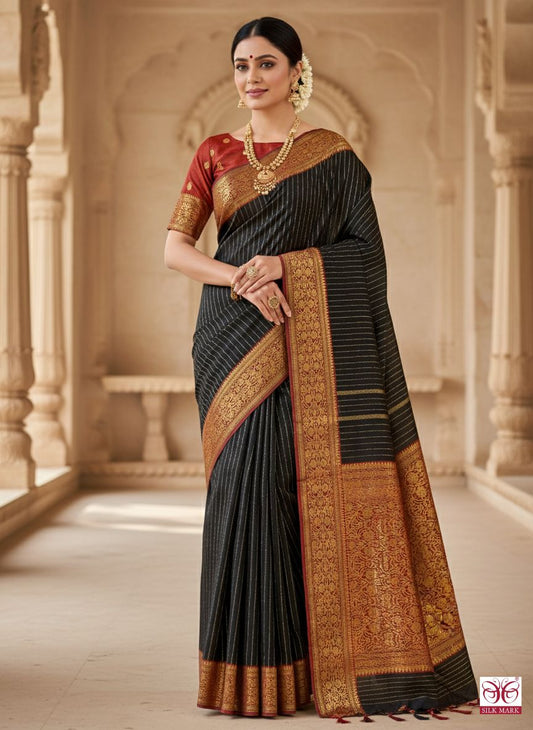 Black colour red cantrast border saree