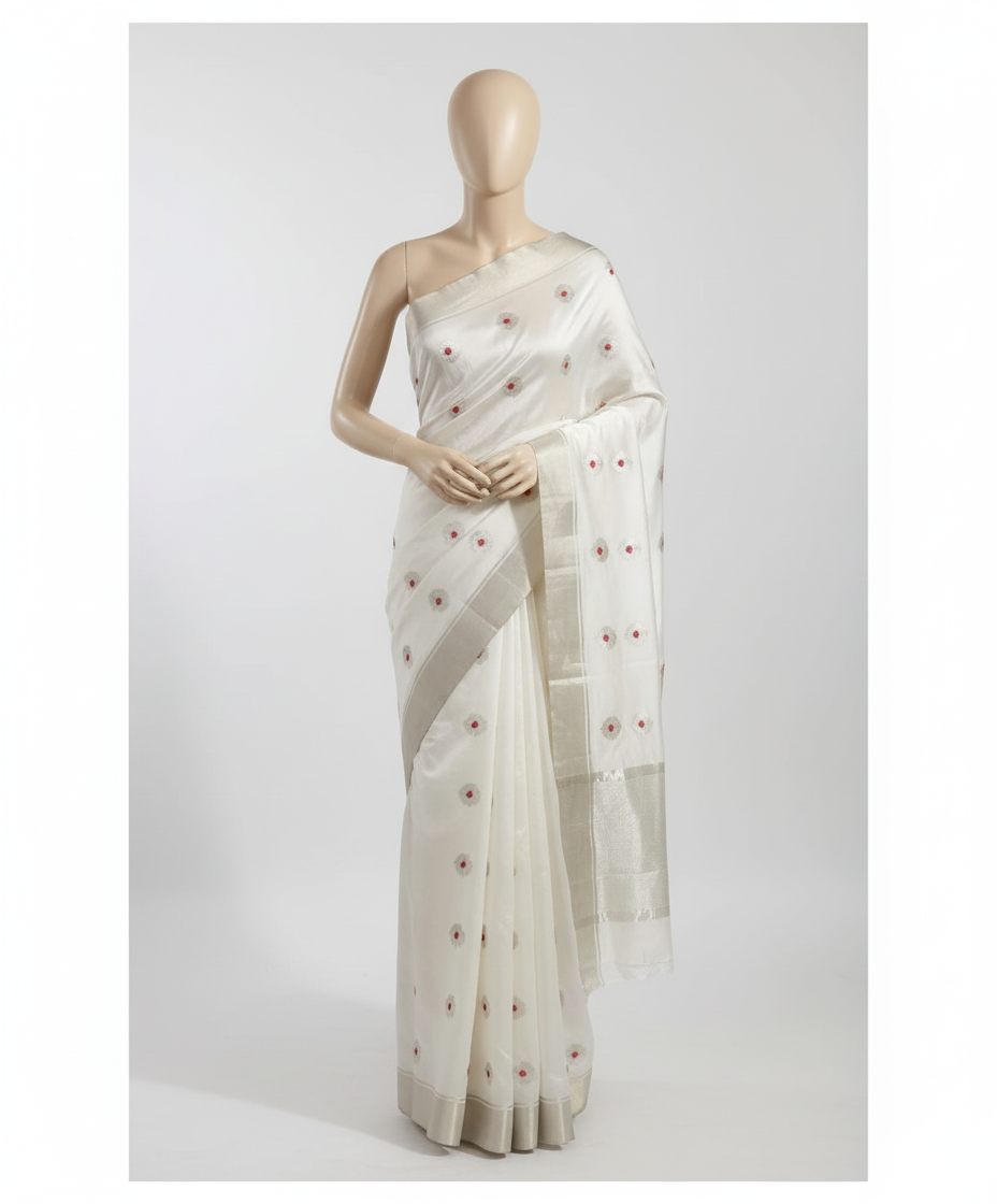 Silver zare border mena motif saree