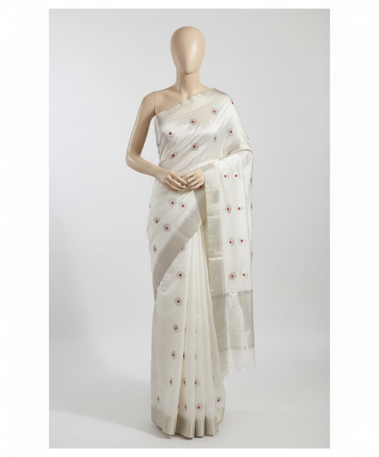 Silver zare border mena motif saree